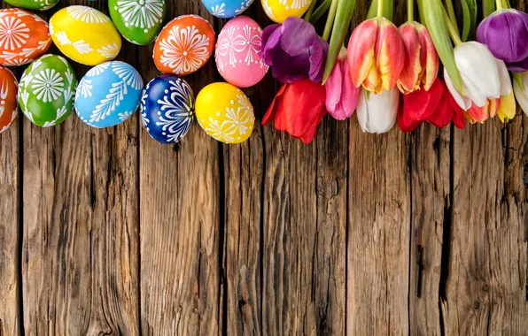Картинка яйца, colorful, Пасха, тюльпаны, happy, wood, flowers, tulips