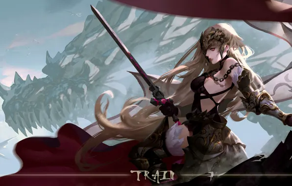 Картинка girl, sword, fantasy, armor, long hair, weapon, anime, art