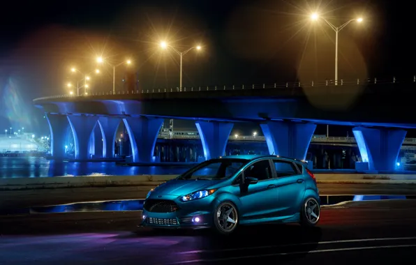 Картинка Ford, Blue, Front, Bridge, Night, Fiesta, Wheels, ADV.1
