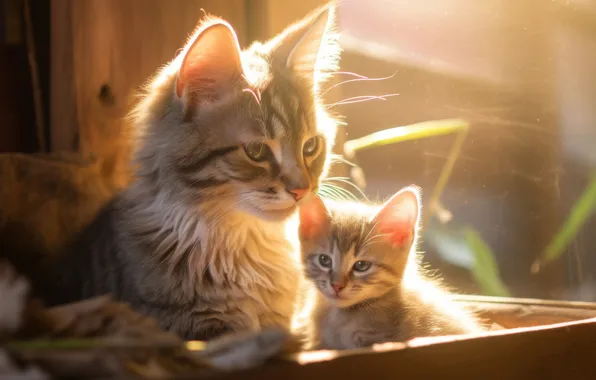 Кошка, взгляд, солнце, лучи, свет, поза, котенок, серый