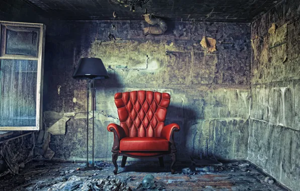 Красное, лампа, кресло, окно, Комната