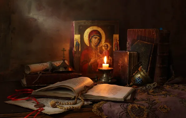 Картинка Натюрморт с иконой, Still Life with icon, books and candle, книги и свечи