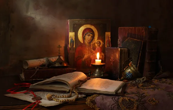 Натюрморт с иконой, Still Life with icon, books and candle, книги и свечи