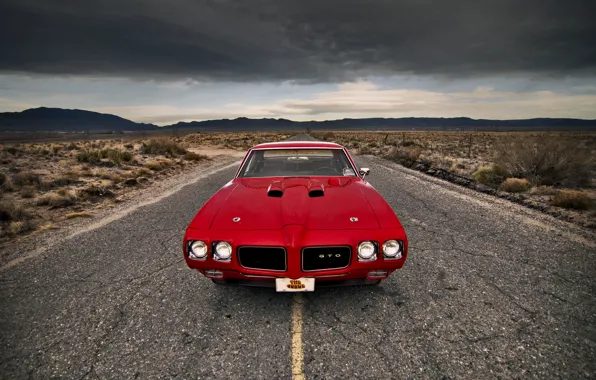 Картинка дорога, гроза, облака, холмы, фары, спереди, Pontiac, GTO