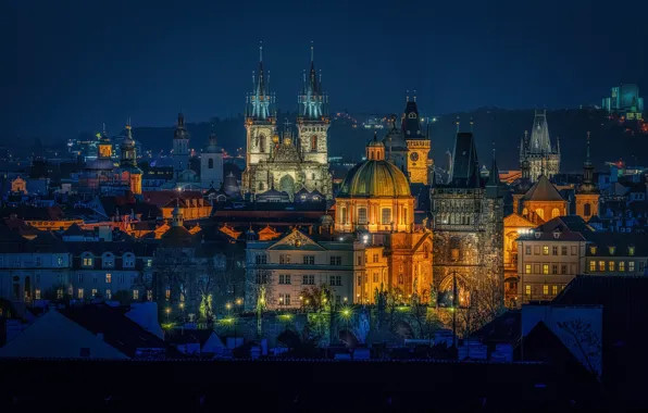 Здания, дома, Прага, Чехия, башни, ночной город, Prague, Czech Republic