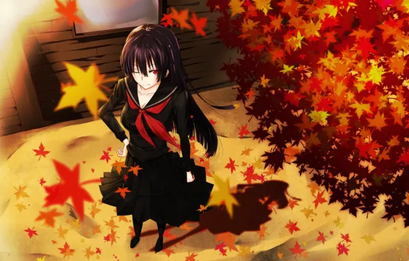 Картинка осень, листья, девушка, улыбка, ветер, школьница, art, kanoe yuuko