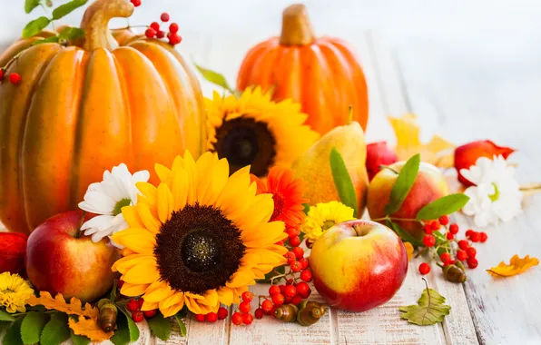 Картинка осень, листья, подсолнухи, ягоды, яблоки, урожай, тыква, фрукты
