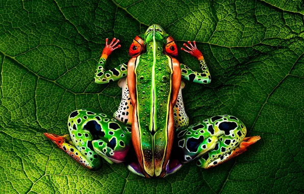 Картинка bodypainting, green leaf, naked women, Frog
