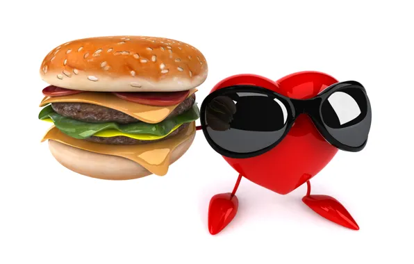Сердце, heart, чизбургер, funny, rendering, hamburger, sunglasses, 3D Art