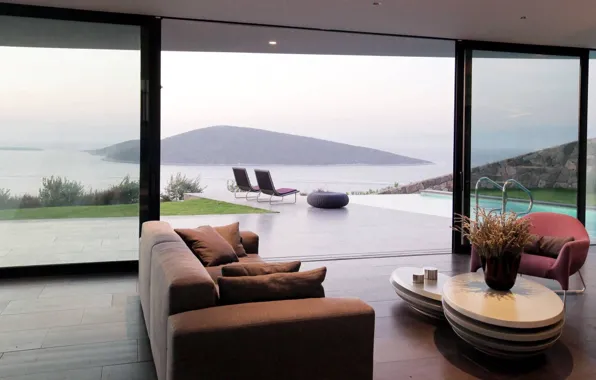 Интерьер, бассейн, вид на море, терраса, гостиная, House in Turkey