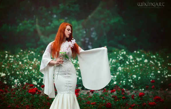 Девушка, цветы, природа, стиль, макияж, сад, костюм, наряд