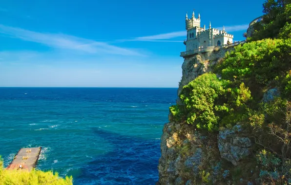 Картинка море, пейзаж, скала, замок, берег, причал, горизонт, Украина