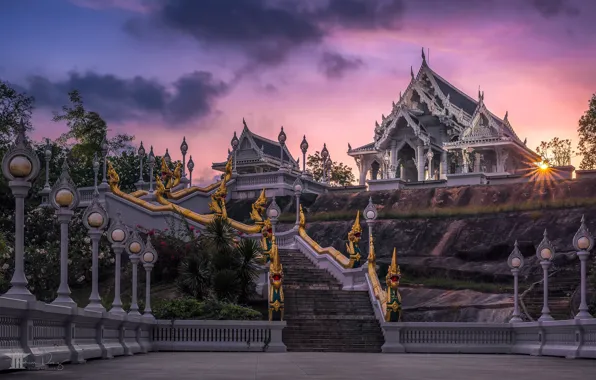 Закат, фонари, лестница, храм, Тайланд, Thailand, Краби, Krabi