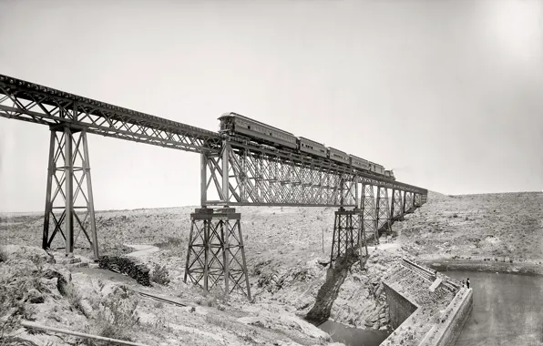 Мост, ретро, поезд, США, 1891-й год