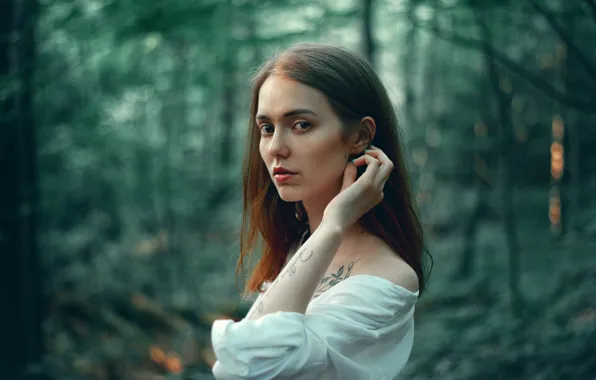 Взгляд, девушка, природа, поза, рука, боке, Андрей Ермишин
