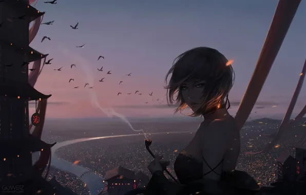 Картинка небо, девушка, закат, птицы, город, дым, трубка, аниме