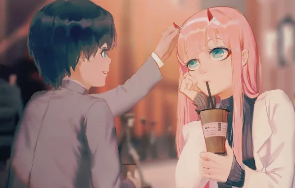 Девушка, кафе, парень, 002, Darling In The Frankxx, Милый во Франксе, Хиро