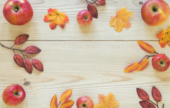 Картинка осень, листья, фон, яблоки, доски, colorful, клен, wood