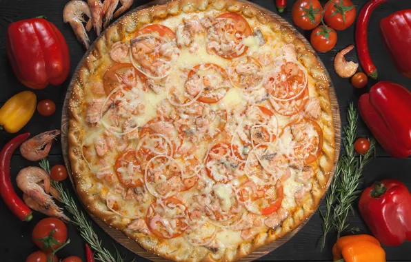 Сыр, овощи, пицца, креветки, морепродукты
