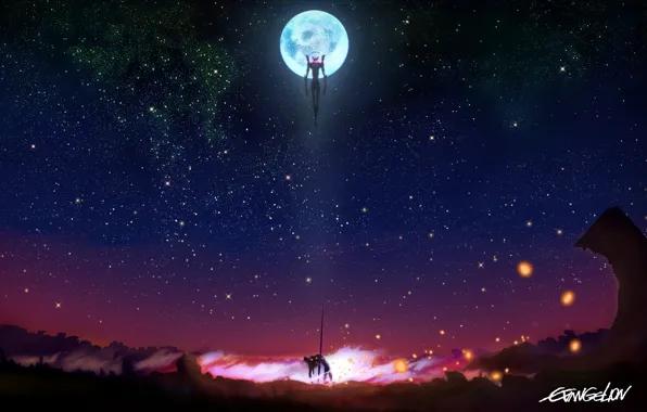 Картинка небо, звезды, ночь, оружие, луна, аниме, роботы, арт