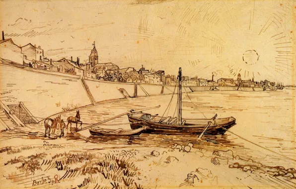Картинка Drawings, Винсент ван Гог, Bank of the Rhone at Arles