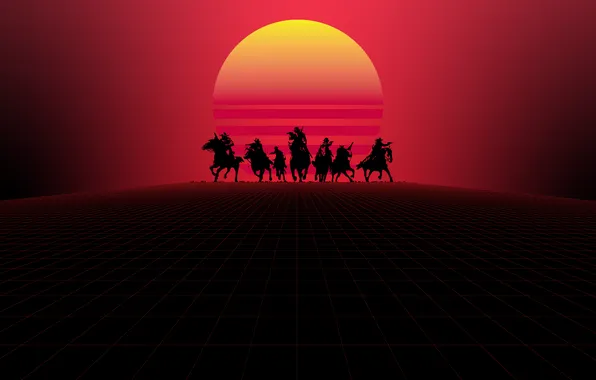 Картинка red, western, horse, cowboys, video games, simple background, Red Dead Redemption 2, Synthwave