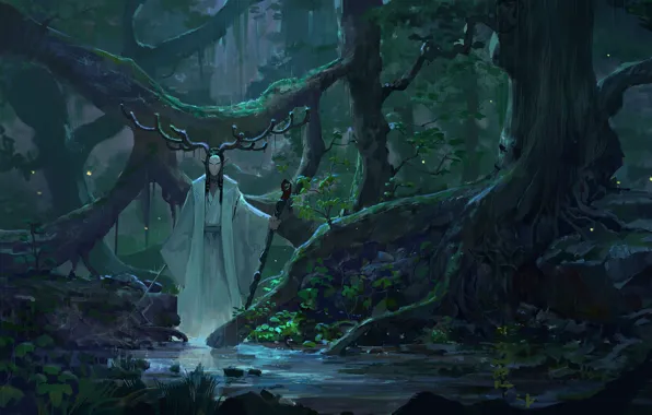 Sword, fantasy, forest, rain, horns, trees, weapon, digital art