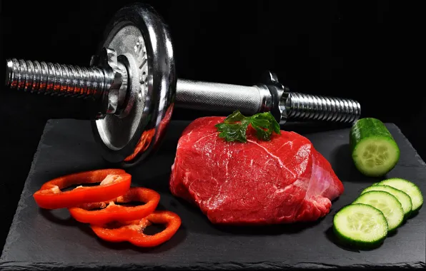 Meat, vegetables, dumbbell, healthy life