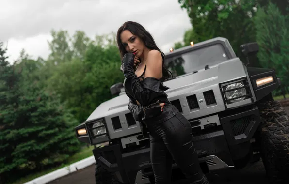 Car, girl, jeep, brunette, attractive