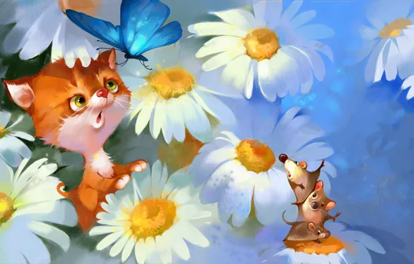 Картинка животные, кот, цветы, бабочка, рисунок, ромашки, мыши