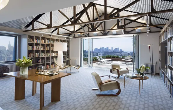 Интерьер, библиотека, мегаполис, Rooftop, reading room in Manhattan