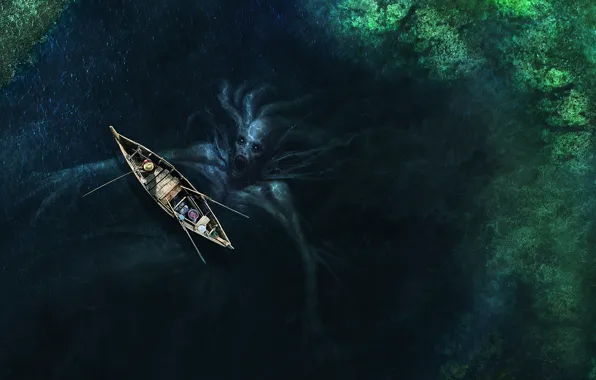 Картинка вода, лодка, монстр, рыбак, Существо