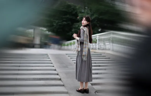 Beautiful, Asian, Model, Camera, Woman, Pretty, Scarf, Outdoor