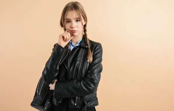 Girl, model, leather, cute, jacket, pigtails