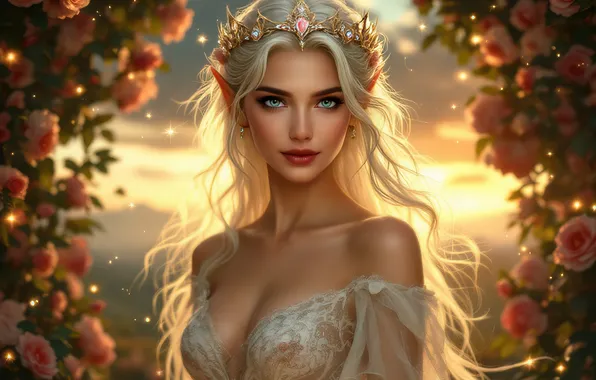 Грудь, взгляд, девушка, солнце, свет, цветы, портрет, розы