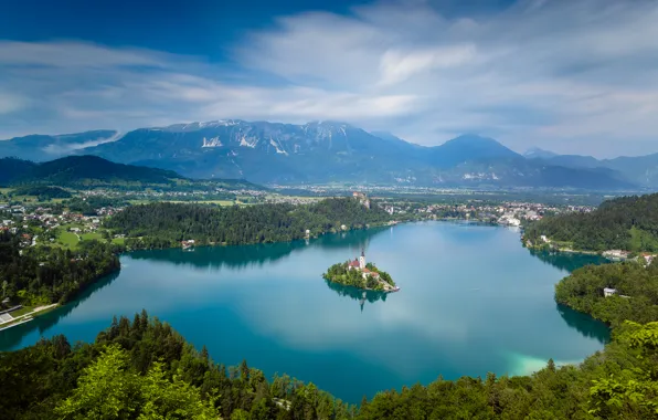 Горы, озеро, остров, церковь, панорама, Словения, Lake Bled, Slovenia