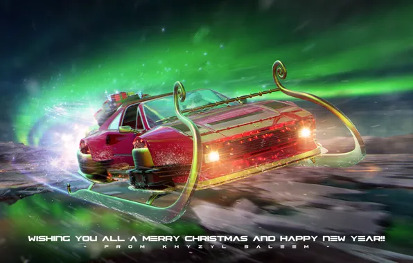 Праздник, подарки, автомобиль, сани, Merry Christmas & Happy New Year
