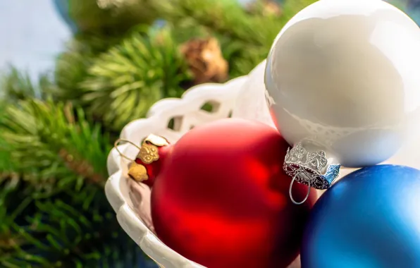 Шарики, ветки, синий, игрушки, ель, Новый Год, Рождество, декорации