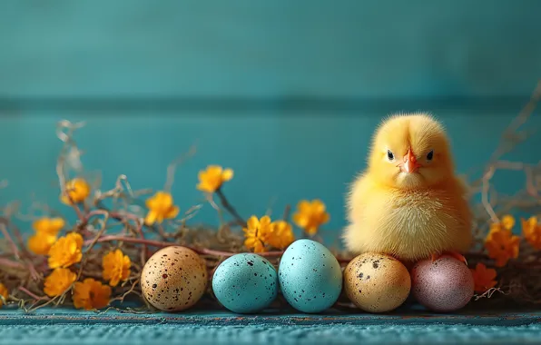 Цветы, яйца, весна, colorful, Пасха, цыпленок, happy, flowers
