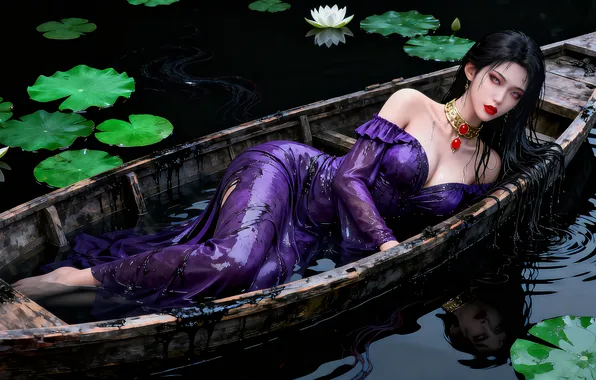 Girl, dress, brunette, asian, boat, ai art