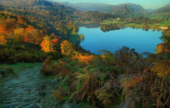 Картинка осень, деревья, горы, озеро, поля, Англия, домики, леса