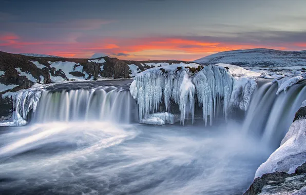 Картинка лед, закат, водопад, Исландия, замороженные, Годафосс