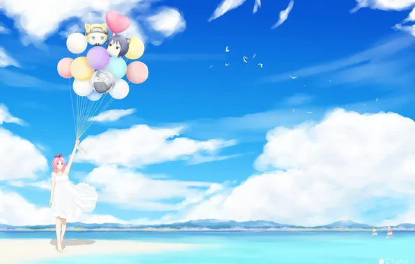Море, пляж, воздушные шары, девочка, naruto, art, sakura haruno, sanaa