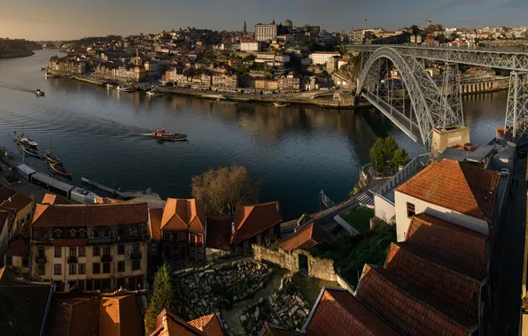 Мост, река, дома, панорама, Португалия, Порту