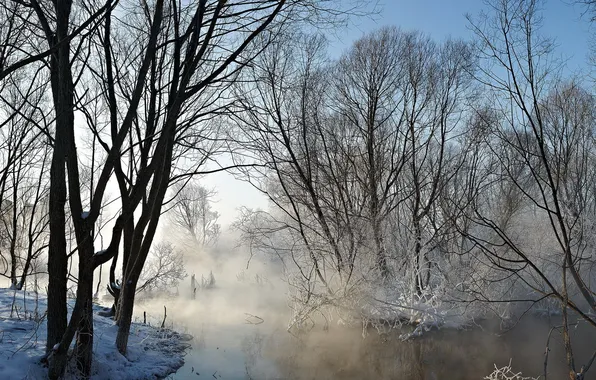 Картинка зима, пейзаж, туман, река