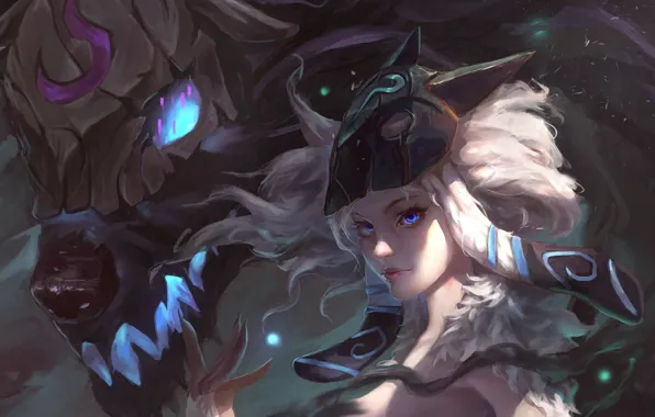 Girl, fantasy, game, magic, monster, art, blue eyes, painting