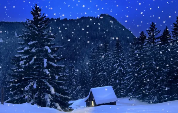 Домик, House, Зимний вечер, Winter evening, Снежный лес, Snowy forest