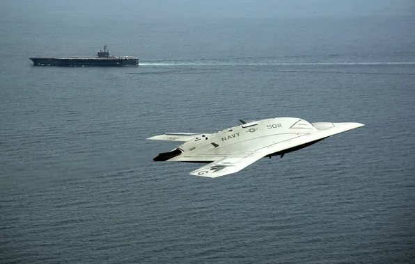 Картинка океан, авианосец, США, полёт, ВМС, X-47B, боевой дрон