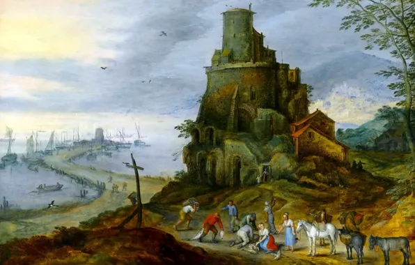 Картинка пейзаж, люди, башня, картина, Ян Брейгель младший, Морской Берег с Руинами Замка