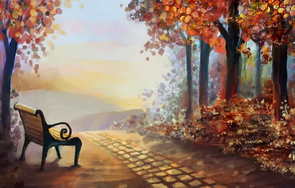 Картинка осень, листья, деревья, пейзаж, природа, арт, лавочка, живопись